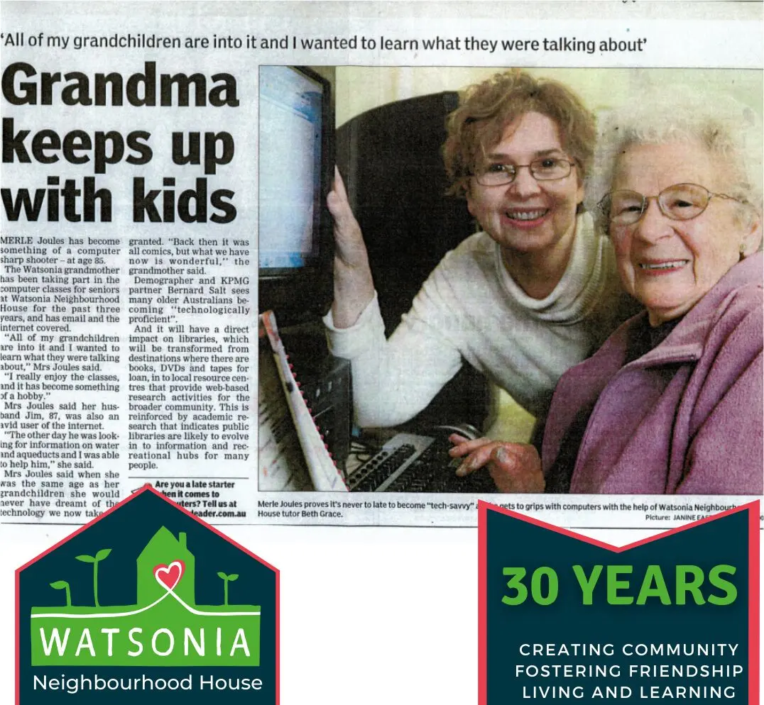 A newspaper clipping headed “Grandma keeps up with kids”
