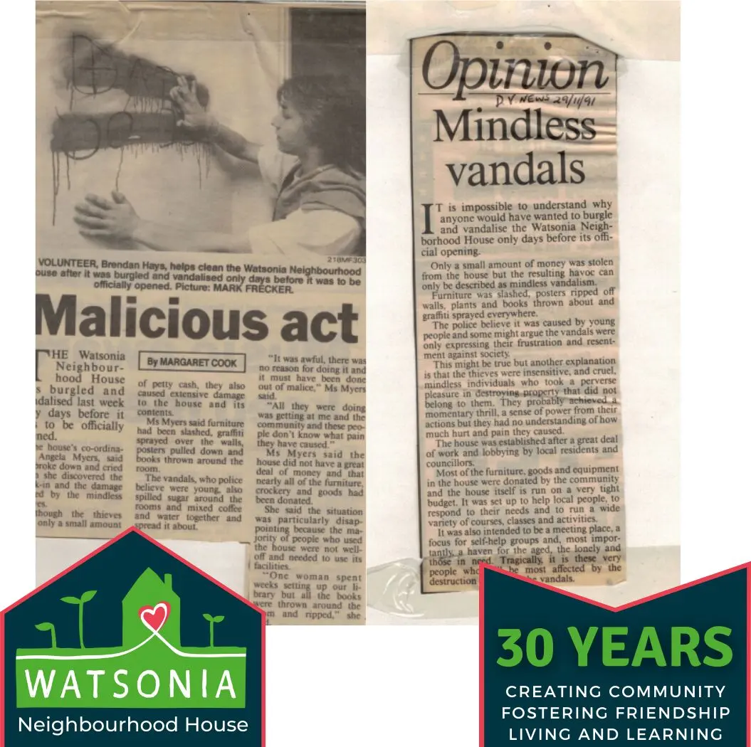 A newspaper clipping headed “Malicious act”, about vandalism at the house
